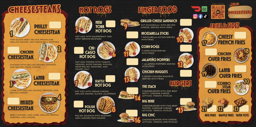Mike's Cheesesteaks Menu Board